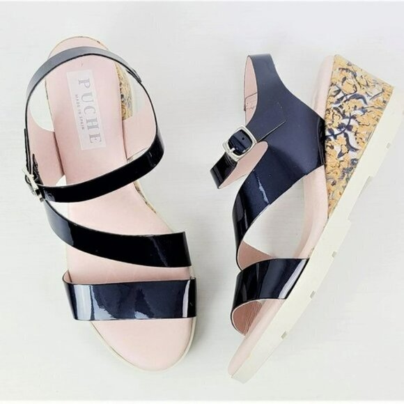 NWT PUCHE Made in Spain Soft Patent Leather Cork Wedge Sandals - Picture 2 of 7